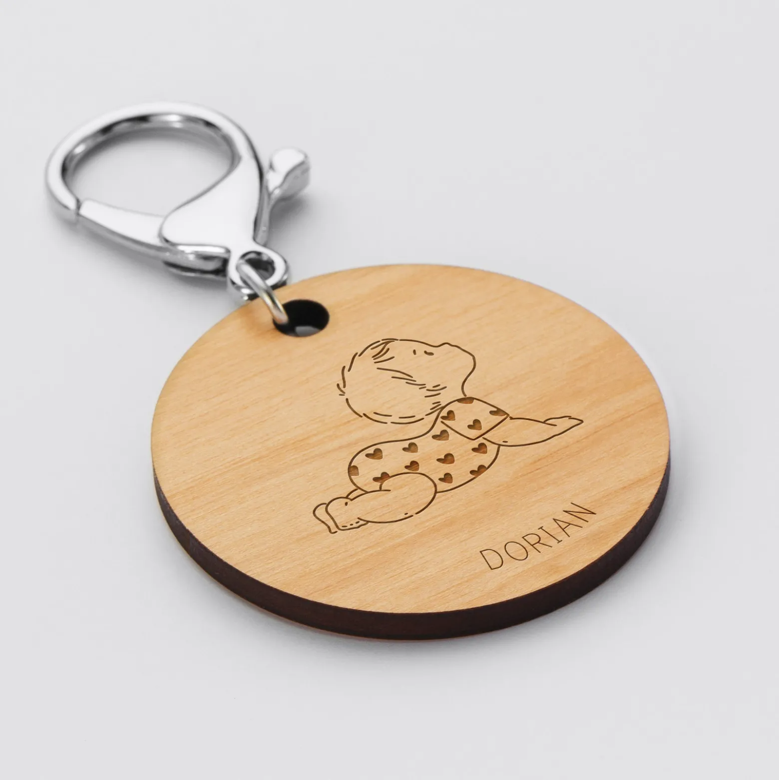 Porte-clés personnalisé prénom gravé bois médaille ronde 50 mm - HappyBulle x Marie Savart