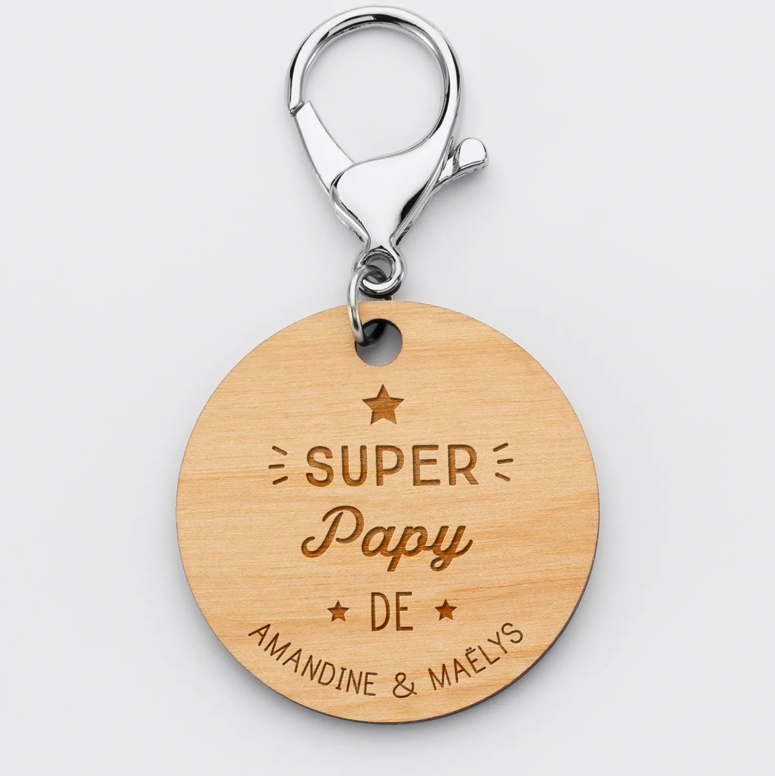 Porte-clés personnalisé prénoms médaille gravée bois ronde 50 mm "Super Papy"
