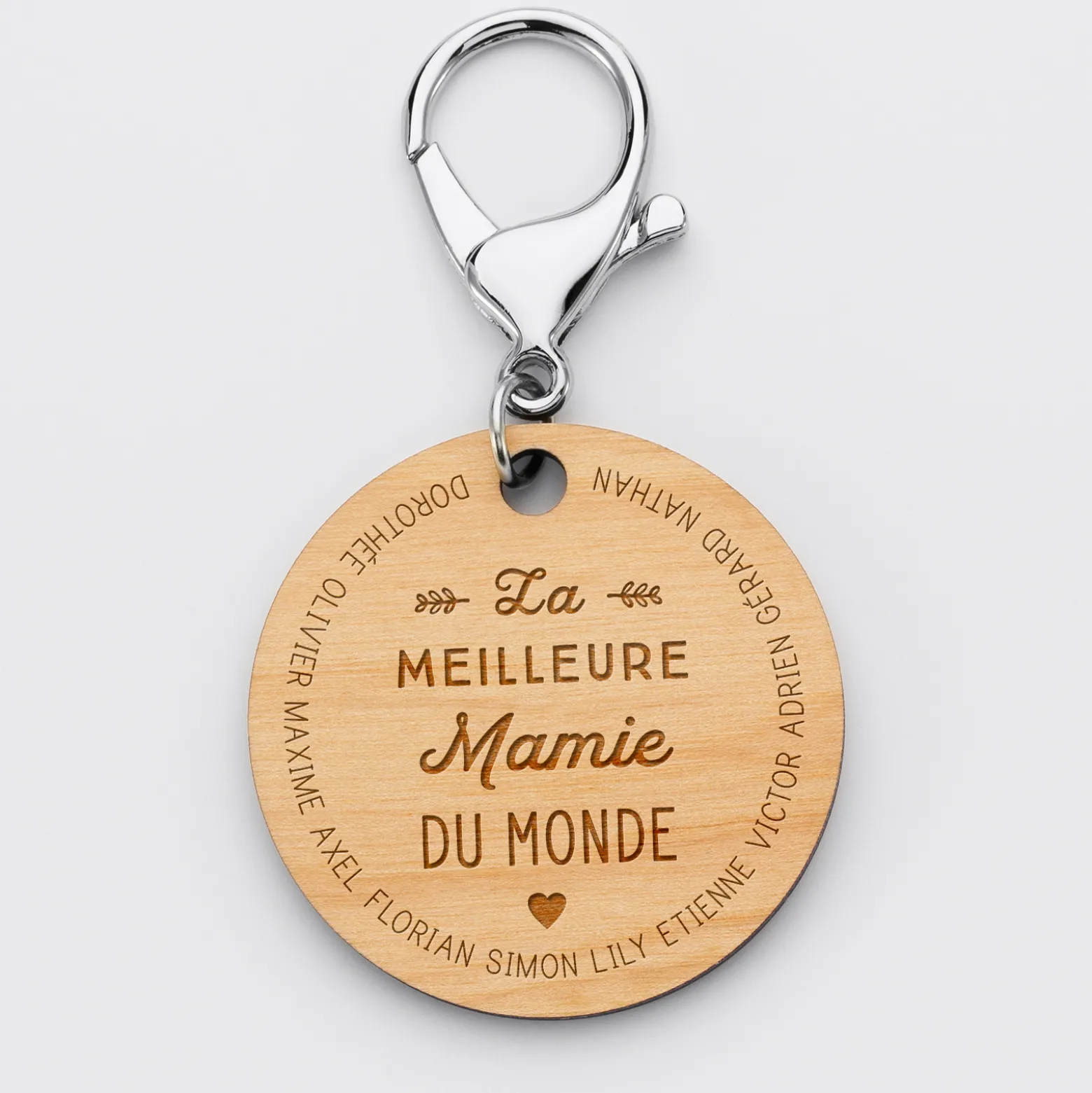 Porte-clés personnalisé prénoms médaille gravée bois ronde 50 mm "La meilleure Mamie du monde"