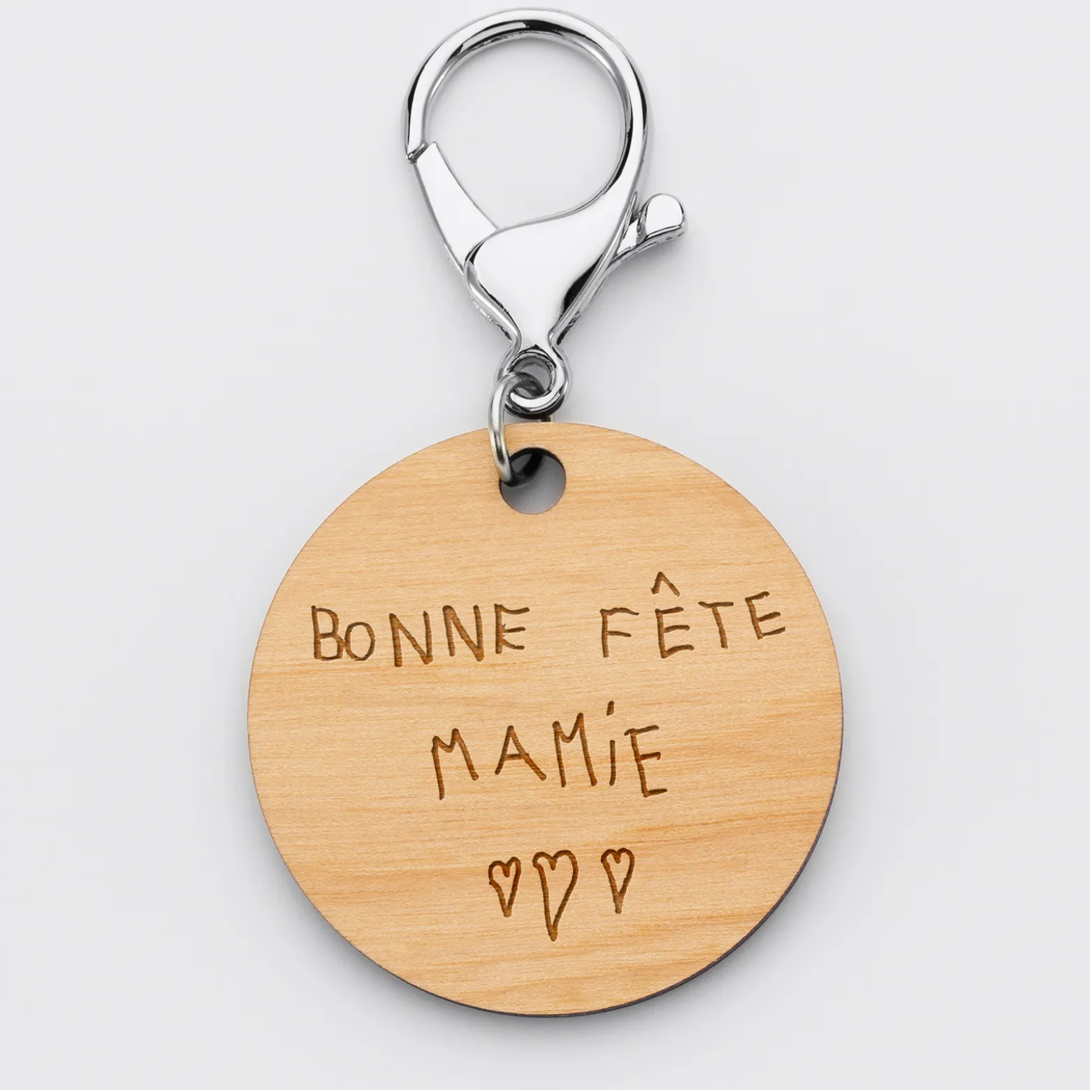 Porte-clés personnalisé prénoms médaille gravée bois ronde 50 mm "La meilleure Mamie du monde"