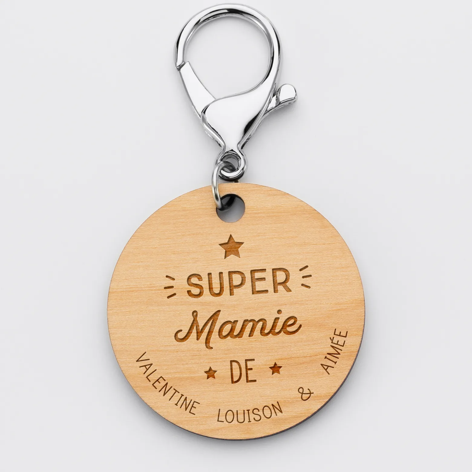 Porte-clés personnalisé prénoms médaille gravée bois ronde 50 mm "Super Mamie"