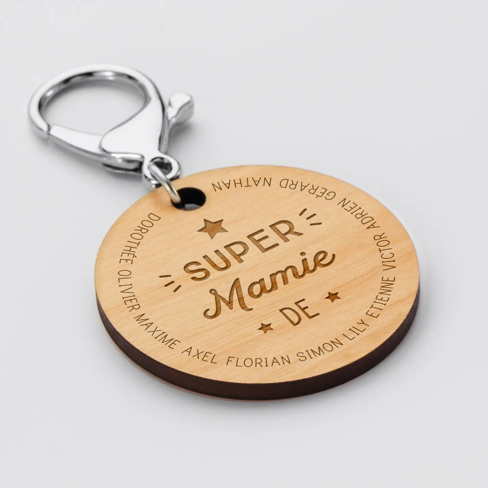Porte-clés personnalisé prénoms médaille gravée bois ronde 50 mm "Super Mamie"
