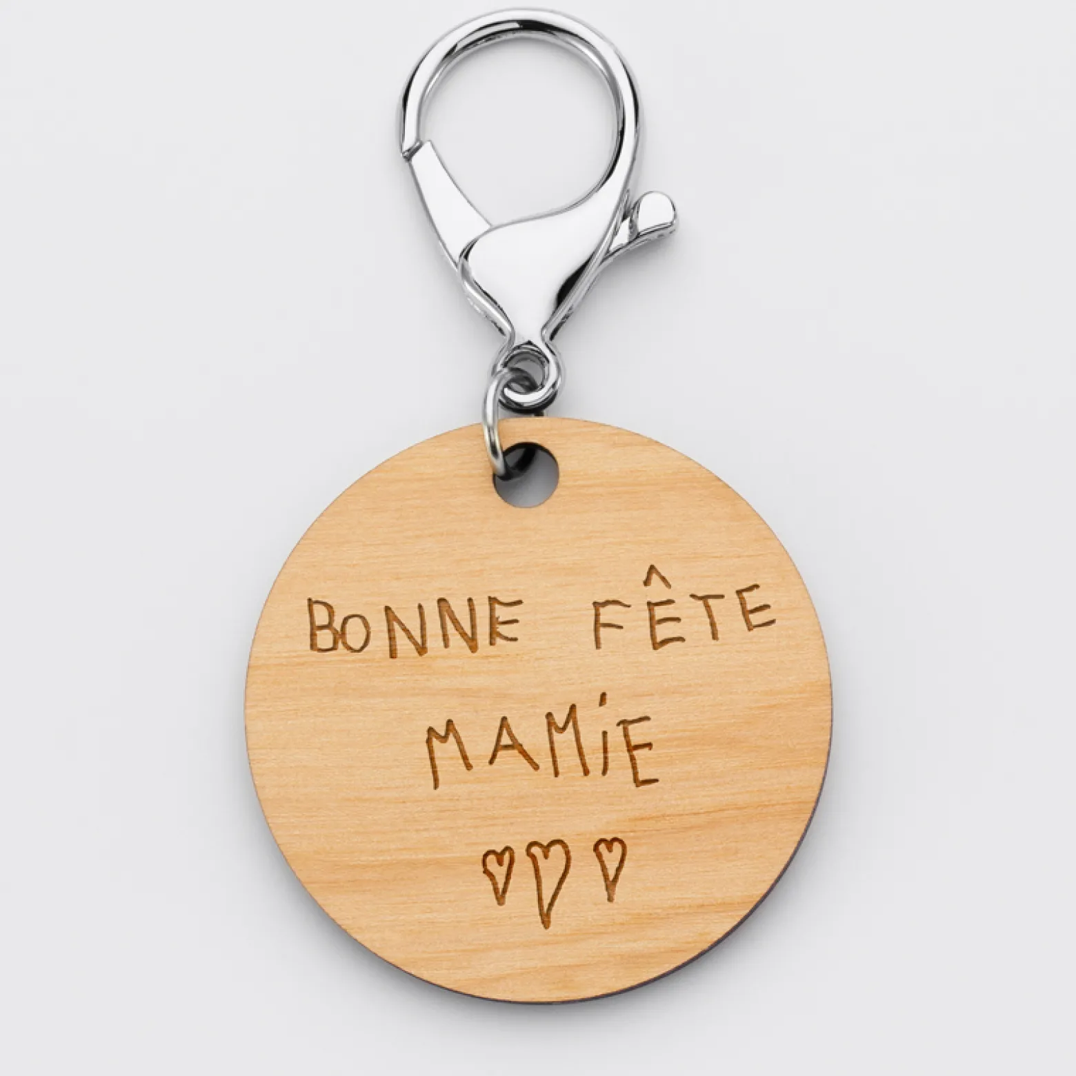 Porte-clés personnalisé prénoms médaille gravée bois ronde 50 mm "Super Mamie"