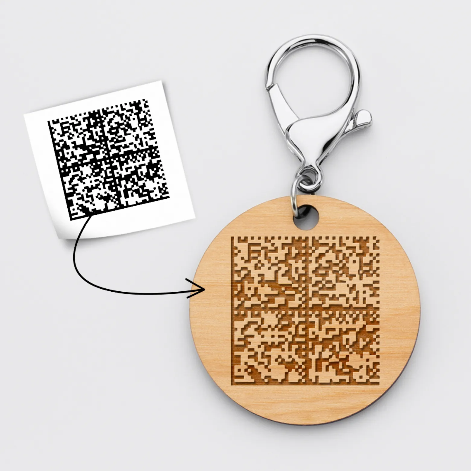 Porte-clés QR Code personnalisé gravé bois médaille ronde 50 mm