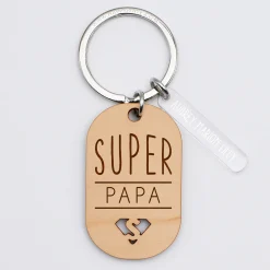 Porte-clés "Super papa" personnalisé gravé bois médaille ovale 55x35 mm et breloque acrylique 40x8 mm