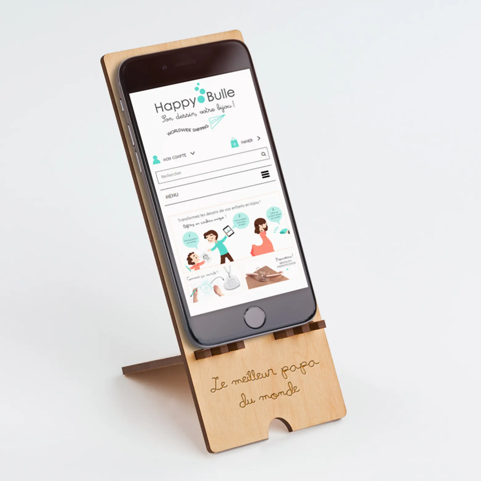 Support téléphone personnalisé bois gravé