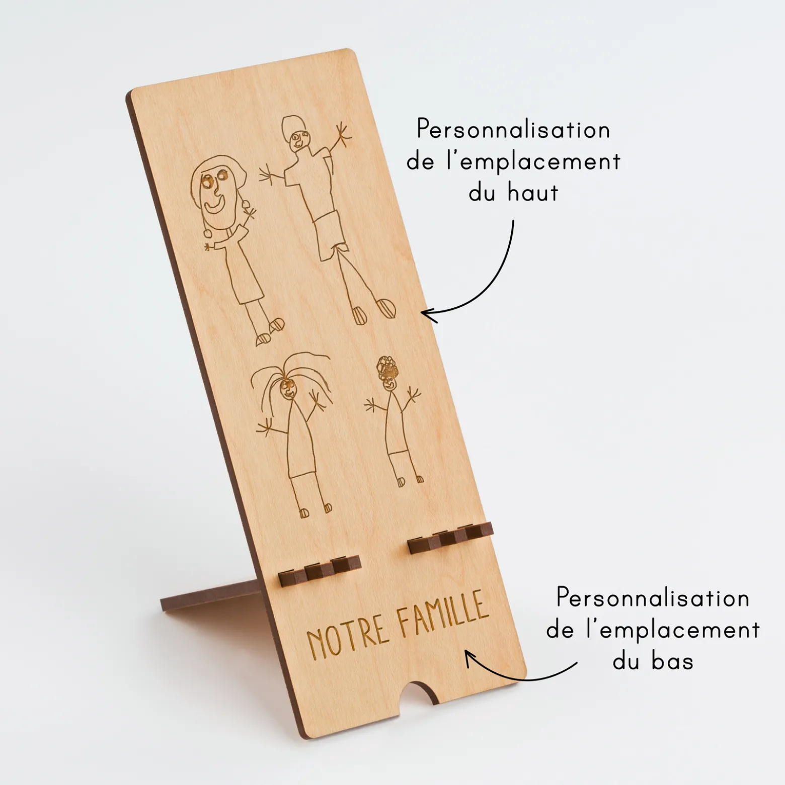 Support téléphone personnalisé bois gravé