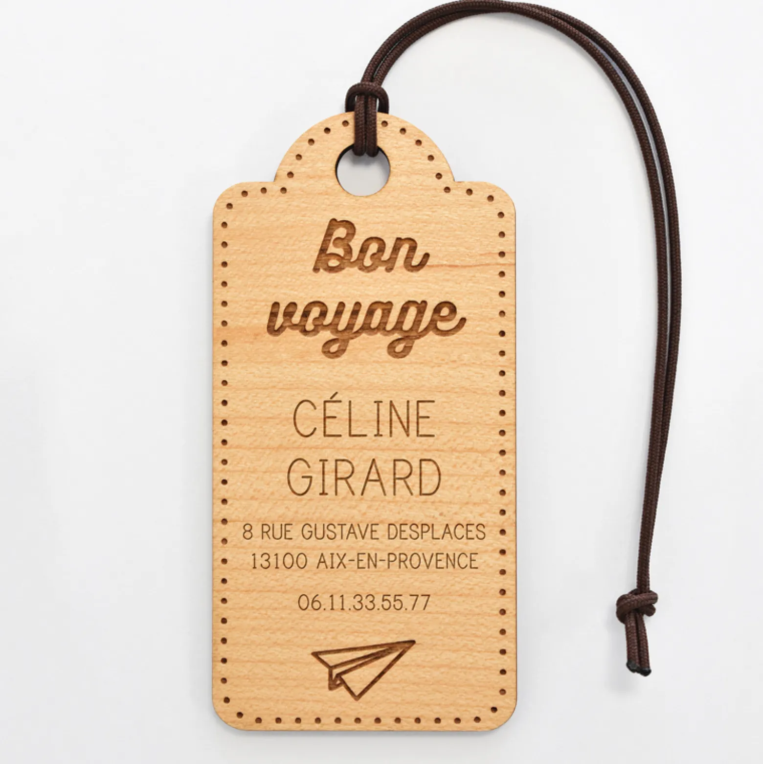 Étiquette à bagage personnalisée bois gravé "Découverte", "Aventure", "Bon voyage"