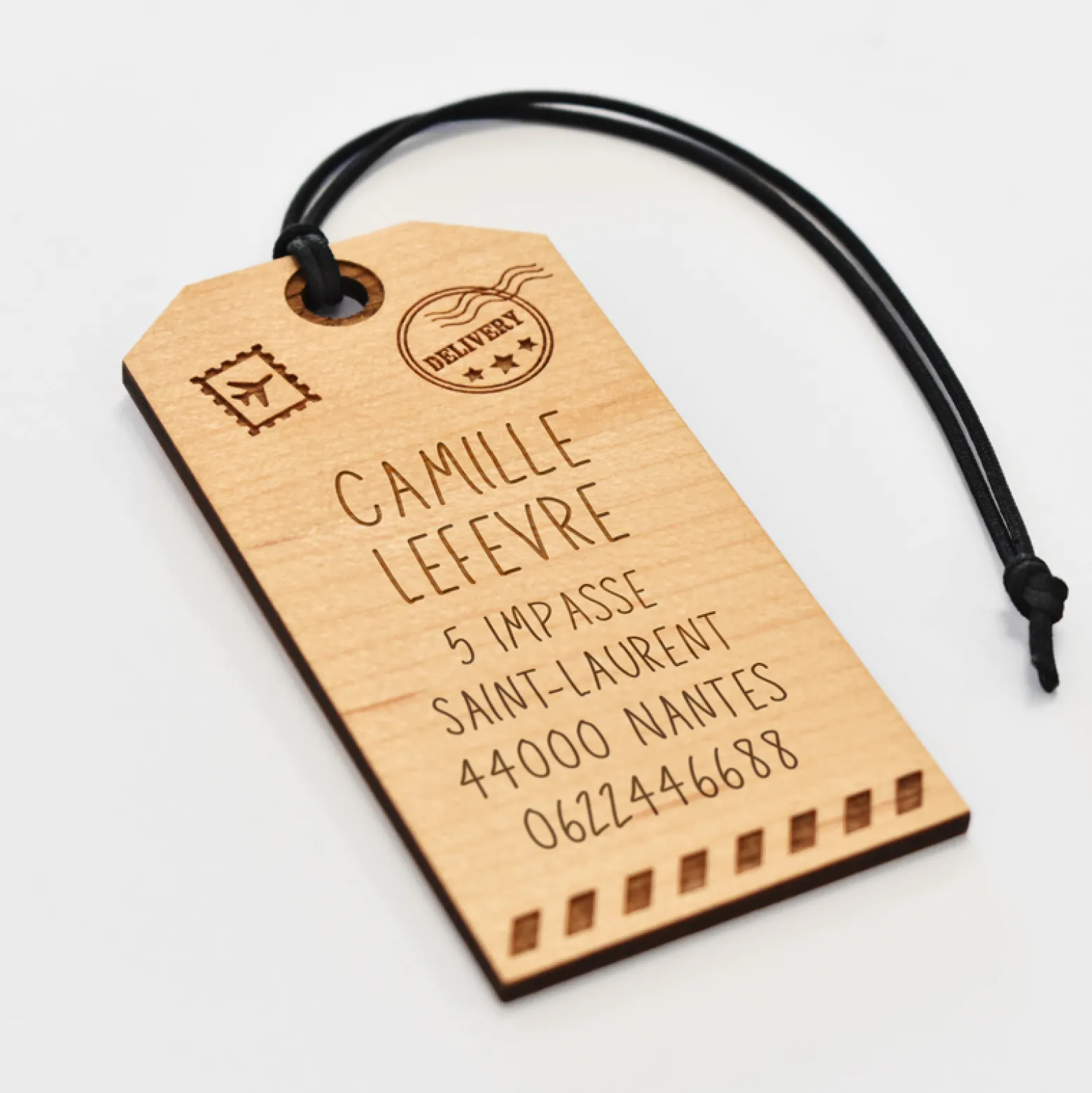 Étiquette à bagage personnalisée bois gravé "Découverte", "Aventure", "Bon voyage"