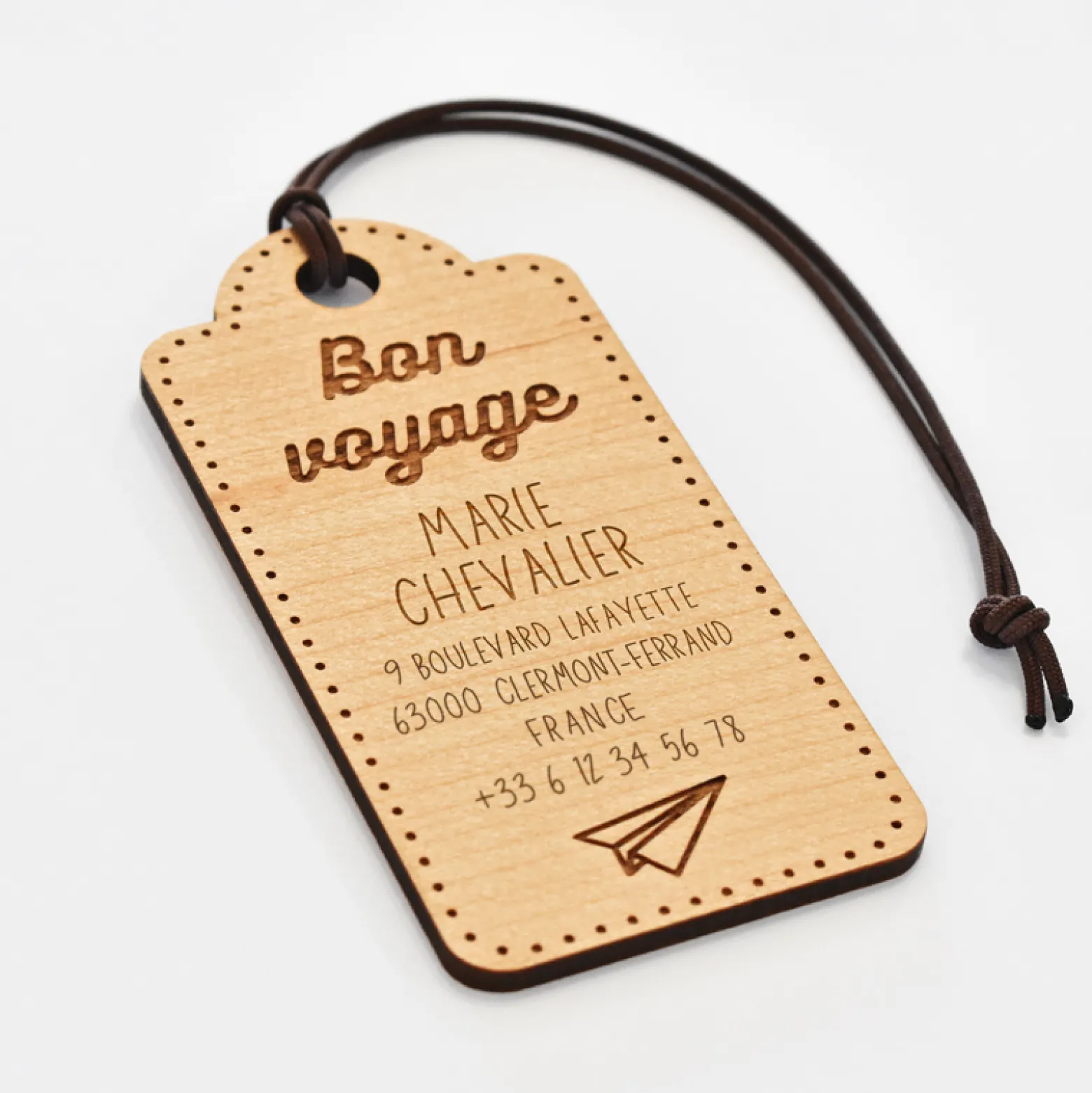 Étiquette à bagage personnalisée bois gravé "Découverte", "Aventure", "Bon voyage"