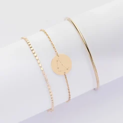 Trio bracelets personnalisés Jonc, Pastille et Chaine médaille gravée plaqué or 15 mm